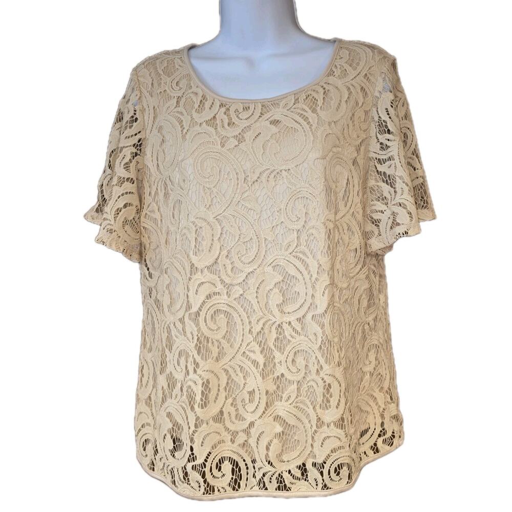 Nwt Adrianna Papell Beige Lace Short Sleeve Blouse Sz Med‎